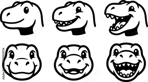 Black and white smiling dinosaur face vector art with varied expressions
