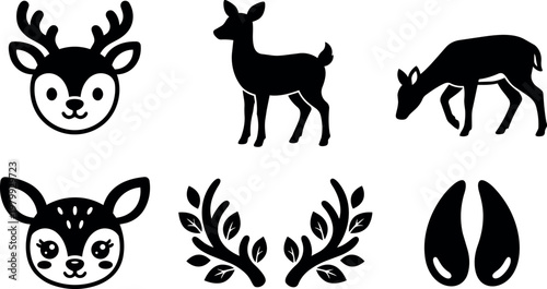 Black silhouette deer faces standing and grazing with ornamental antlers and hooves vector art