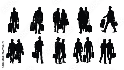 A collection of black silhouettes depicts diverse people walking and carrying luggage suggesting travel or commuting high quality professional detailed modern