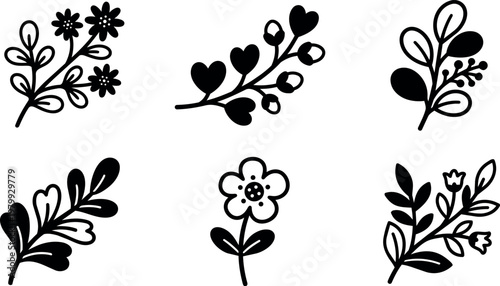 Black and white floral branches with heart shaped leaves and flowers line art
