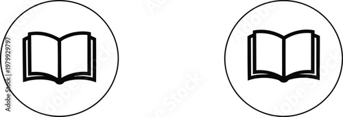 Two circular icons featuring open book symbols for educational websites and library navigation interface menu buttons