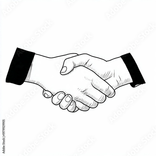 Hand Drawn Handshake Black and White Illustration in Minimal Line Art Style Design