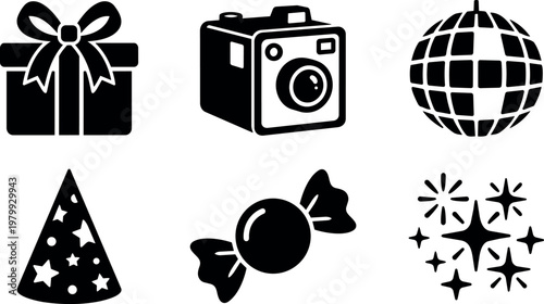 Black silhouette party icons present camera disco ball party hat candy and sparkles