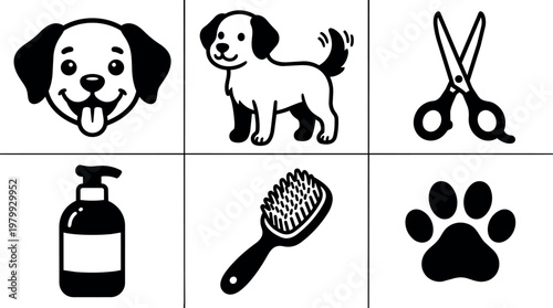Black and white dog face wagging tail grooming tools paw print icons set