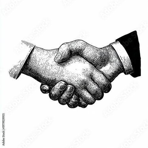Hand Drawn Handshake Black and White Illustration in Minimal Line Art Style Design