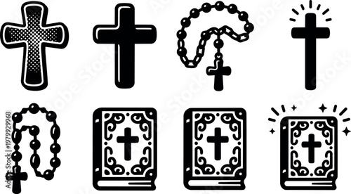 Black and white religious cross rosary and bible icons set vector art