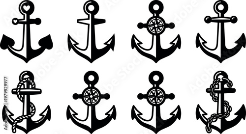 Black and white nautical anchors set with rope and compass vector art