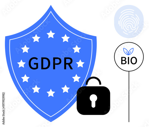 Data privacy, cybersecurity, biometric authentication, sustainability, compliance, regulations. Blue GDPR shield with stars, fingerprint icon padlock bio plant symbol. Data privacy