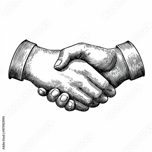 Hand Drawn Handshake Black and White Illustration in Minimal Line Art Style Design