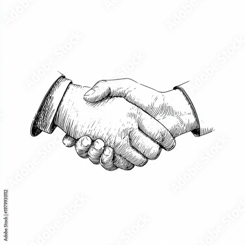 Hand Drawn Handshake Black and White Illustration in Minimal Line Art Style Design