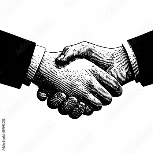 Hand Drawn Handshake Black and White Illustration in Minimal Line Art Style Design