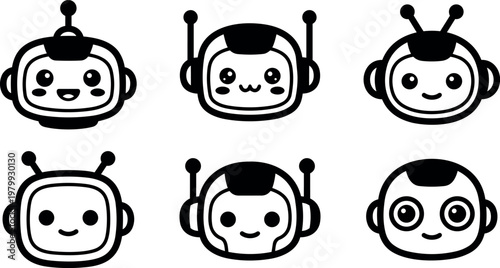 Black and white cute robot faces set with antennas vector art