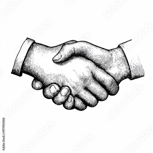 Hand Drawn Handshake Black and White Illustration in Minimal Line Art Style Design