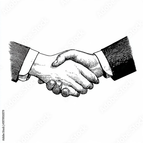 Hand Drawn Handshake Black and White Illustration in Minimal Line Art Style Design