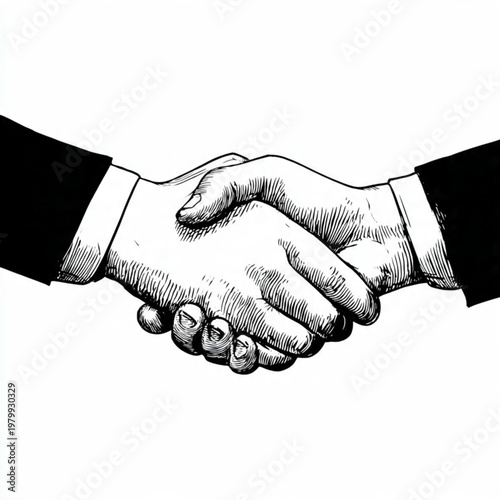 Hand Drawn Handshake Black and White Illustration in Minimal Line Art Style Design