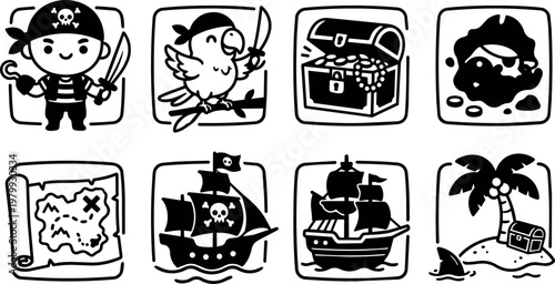 Black and white pirate icons with treasure chest parrot ship and island
