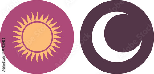 Glowing golden sun and luminous white crescent moon icons representing day and night cycle symbols