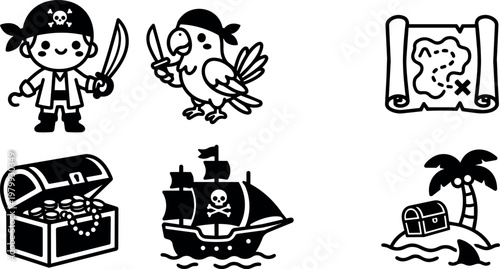 Pirate child with sword parrot treasure chest map and ship black and white vector icons