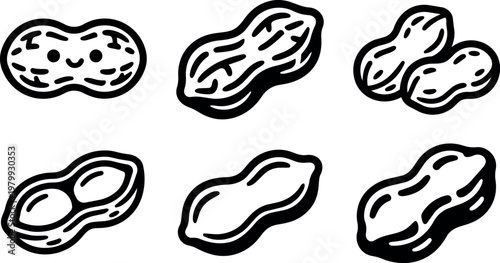 Black and white cartoon style peanuts collection with smiling face and shells