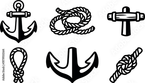 Black and white nautical anchors and rope knot vector art collection