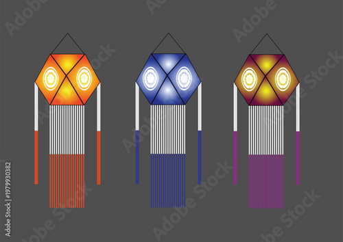 Sri Lankan Vesak Lanterns Atapattam Vesak Kudu Orange, Blue, and Purple Festival Lights Vector