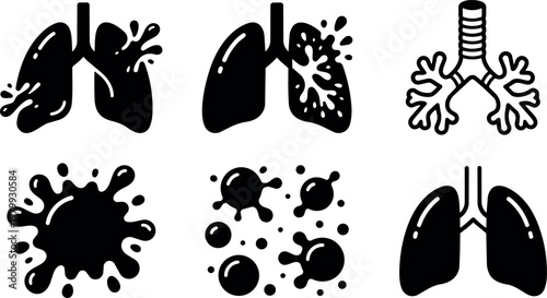 Black and white lungs and virus infection vector icon set
