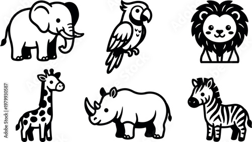 Black and white cute safari animals vector art set with lion elephant giraffe rhino zebra and parrot