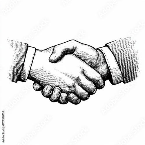 Hand Drawn Handshake Black and White Illustration in Minimal Line Art Style Design