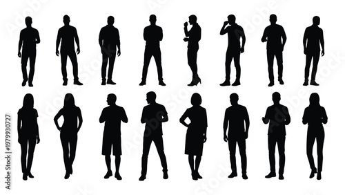 A collection of black silhouettes depicting a diverse group of people in various standing poses and attire high quality professional detailed
