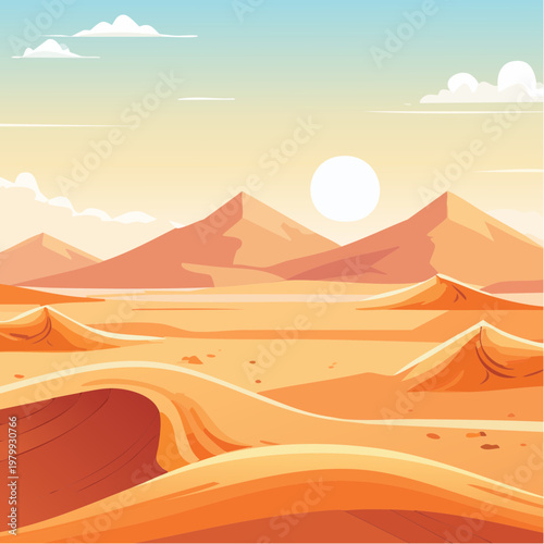 Vast Desert Landscape with Rolling Sand Dunes and Distant Mountains Under a Sunny Sky