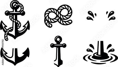 Black and white nautical anchors with rope and water splash vector art