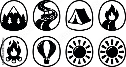 Black and white camping icons with mountain car tent fire and sun symbols vector art