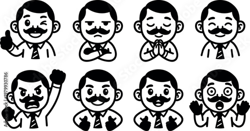 Black and white vector art set of man with mustache showing different emotions and gestures