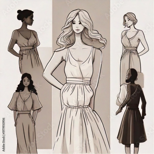 Vintage Fashion Illustrations of Women in Dresses.