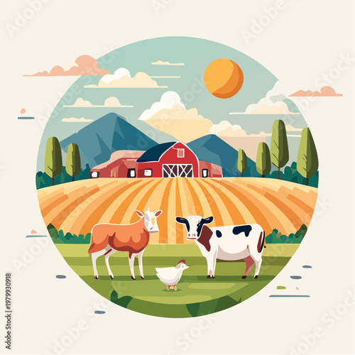 A charming farm scene with animals, crops, and a red barn under a sunny sky
