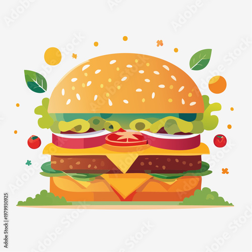 Delicious Burger Illustration with Fresh Toppings and Vibrant Colors for Food Lovers