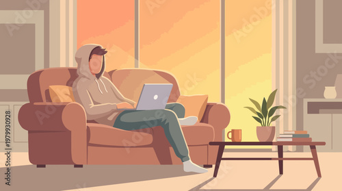 Remote Worker Relaxing on Sofa with Laptop Casual Home Office Illustration