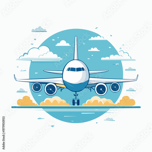 Front view of a modern passenger airplane on the runway ready for takeoff