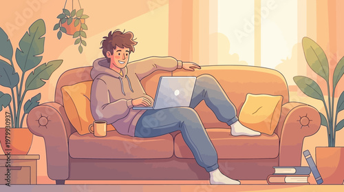 Work from Home Lifestyle with Laptop on Sofa Minimal Flat Vector