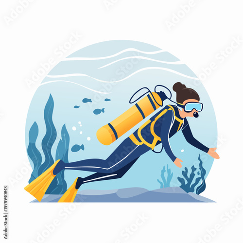 Dynamic Scuba Diver Explores Vibrant Underwater World, Surrounded by Fish and Aquatic Plants in a Serene Marine Ecosystem