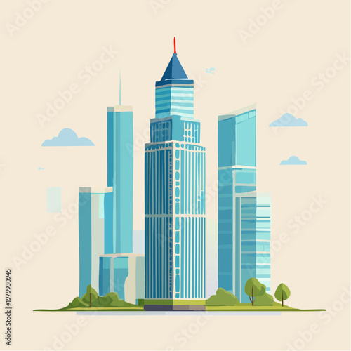 Modern Skyscraper Architecture - Urban Cityscape with Greenery and Clouds