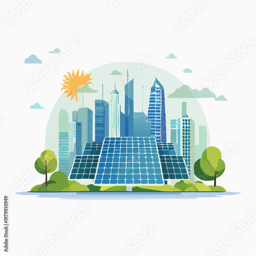 Sustainable Urban Landscape with Solar Energy Panels Powering a Modern Green City for a Clean Future