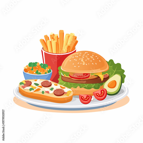 Delicious fast food feast featuring a classic burger, golden fries, and a delightful pizza slice