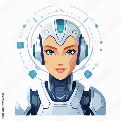 Futuristic digital intelligence concept featuring an elegant female robot avatar with advanced holographic interface elements