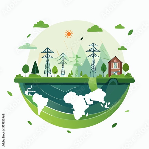 Sustainable Global Energy Network Illustration with Green Earth and Renewable Power Infrastructure