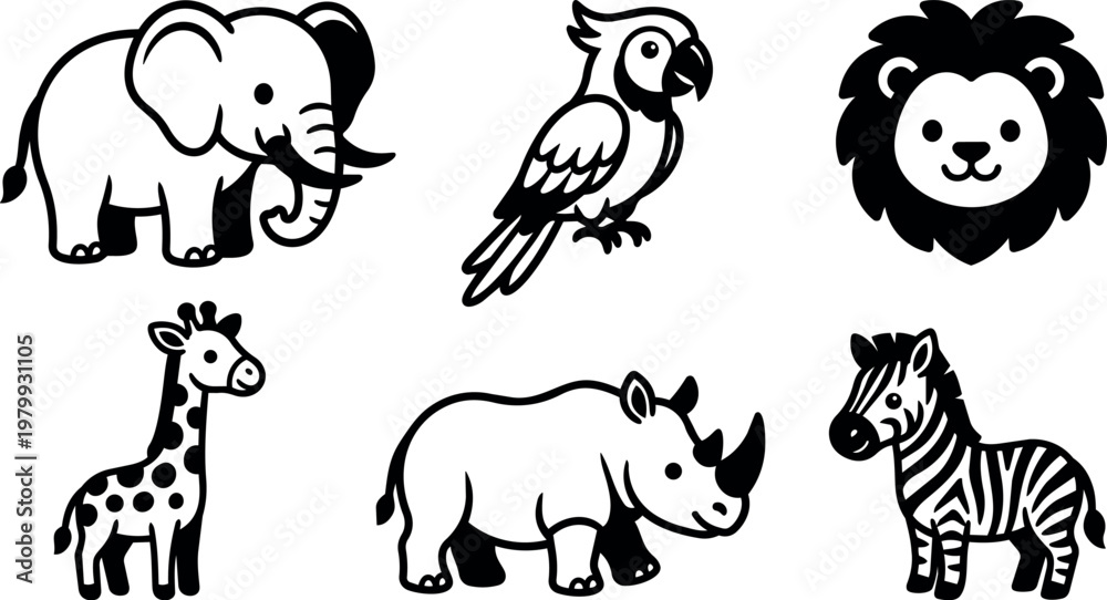 Naklejka premium Elephant giraffe lion zebra rhino and parrot animals