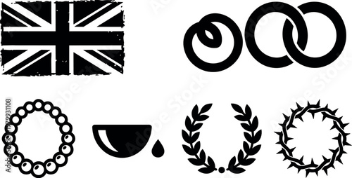 Black and white british flag with religious and ornamental circular symbols vector art