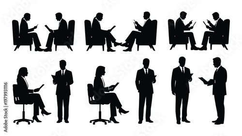 A collection of black silhouettes depicts people reading working and in professional settings showcasing various postures and attire high quality detailed