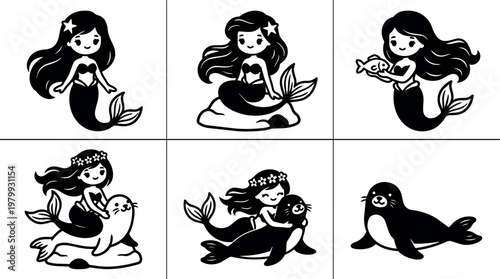 Black and white cute mermaid with star hair clip and seals in various poses vector art