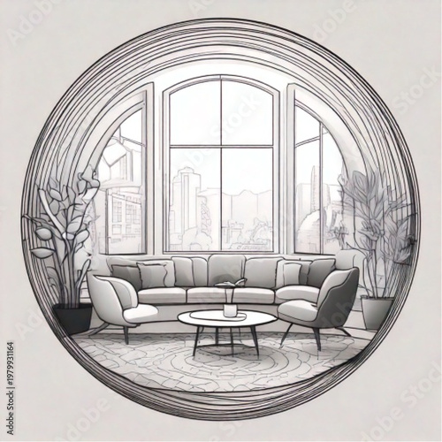 Modern living room interior with large window and city view.